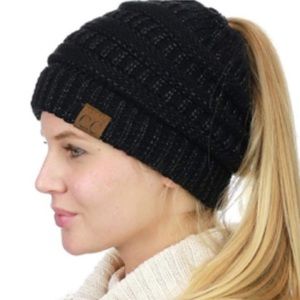 C.C messy bun ponytail knit beanie in black metallic